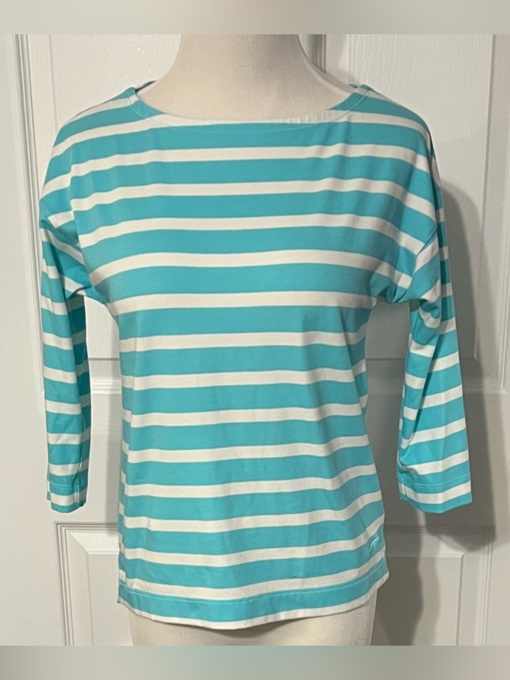 ❤️ Nike XS Dri-Fit Striped Womens 3/4 Sleeve Top Aqua Blue White Shirt (B3)